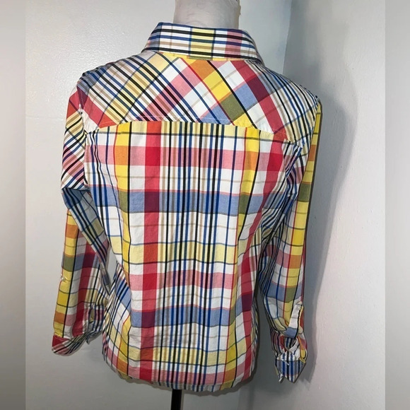 Béchamel, M, plaid striped, long-sleeve roll tab, button down cotton shirt. - Picture 2 of 8